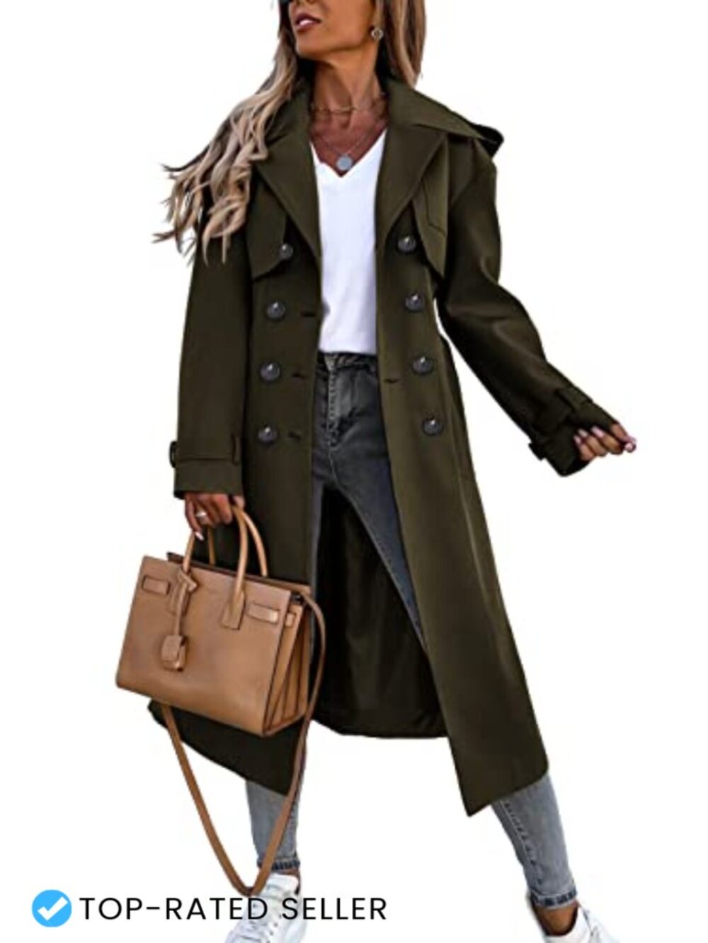 Women's Double Breasted Long Trench Coat Belted Windproof Overcoat